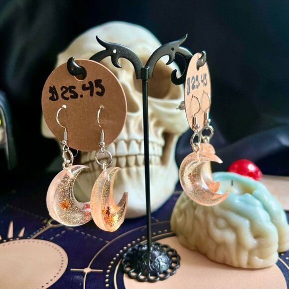Handcrafted Artisan Jewelry Resin Crescent Moon Maple Leaves Gothic Earrings - Picture 1 of 8